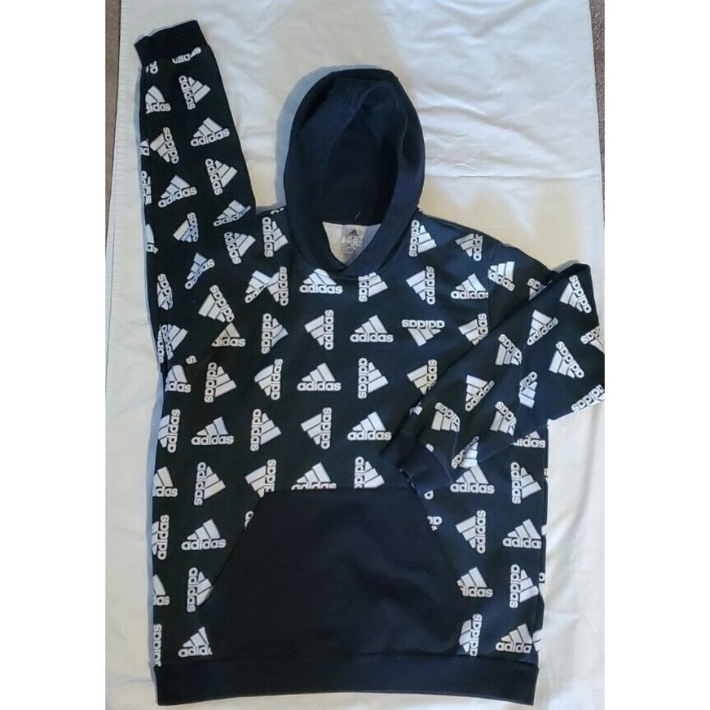Men's ADIDAS Black Hoody Sweatshirt Jacket SZ XL PULLOVER All-Over LOGO